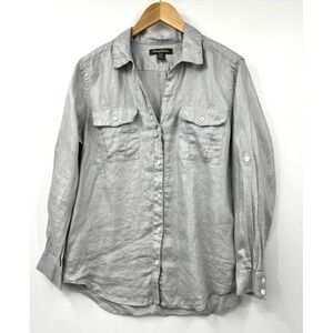 Tommy Bahama Womens Gray 100% Linen Roll Tab Long Sleeve Button Down Shirt Small